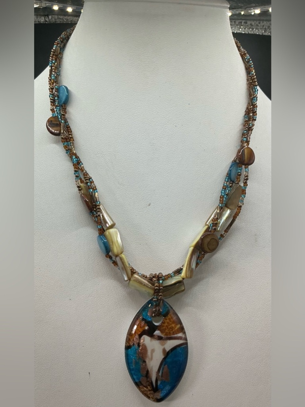 Cg BRAND MIXED MATERIAL BLUE SHELL COPPER GLASS PENDANT BOHO